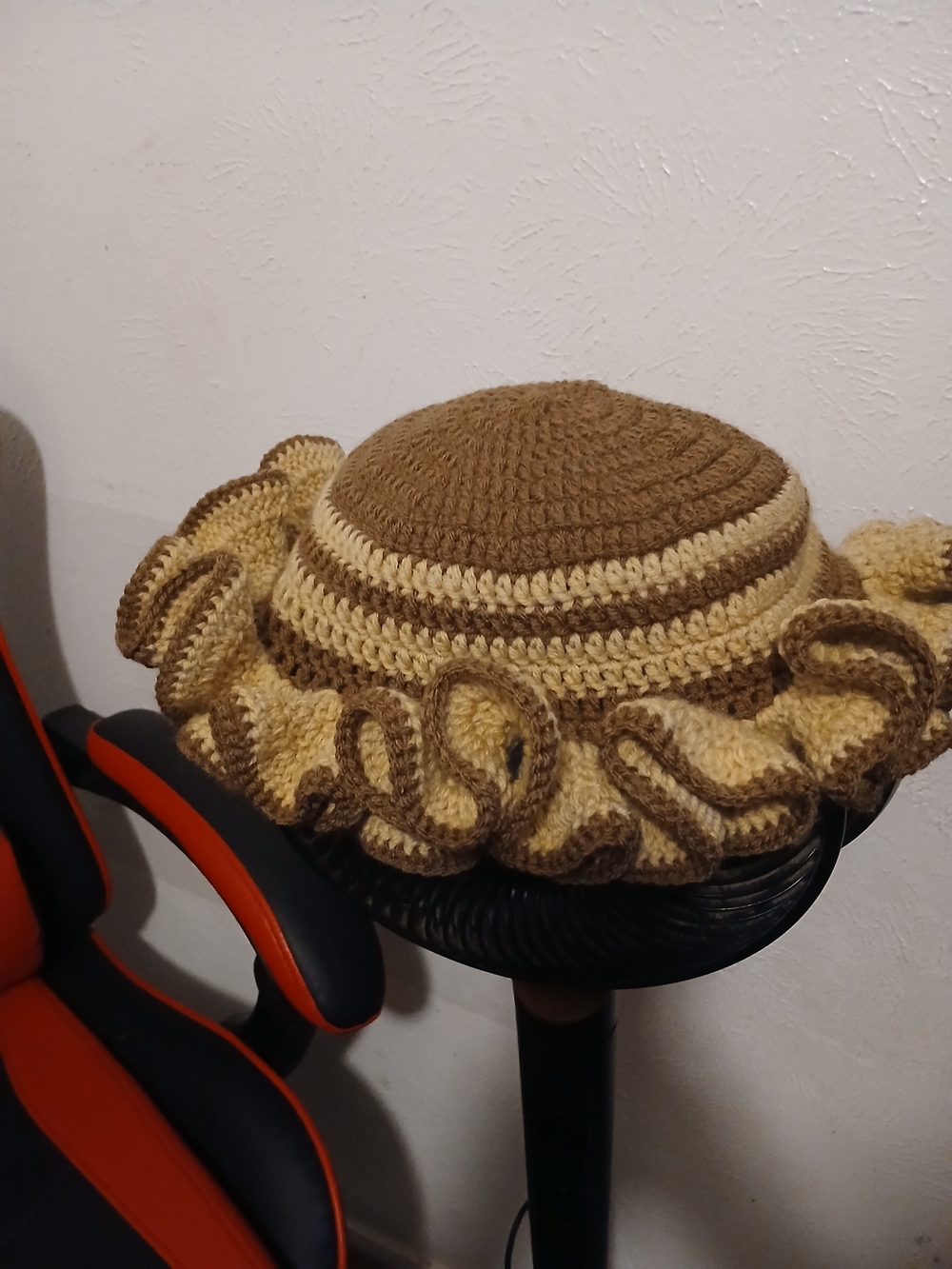 Handmade Ruffled Crochet Sun Hat - Brown and Cream